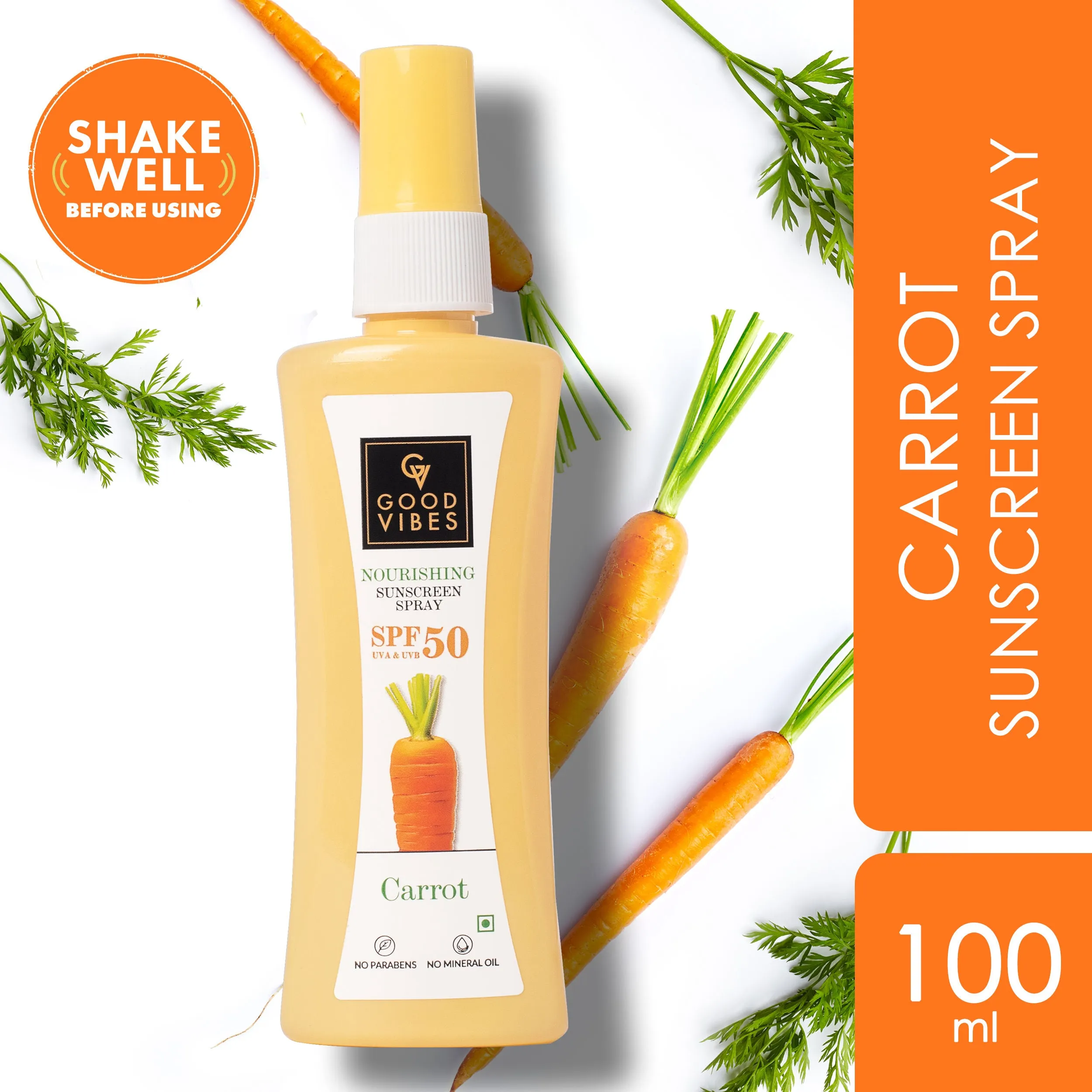 Good Vibes Carrot Nourishing Sunscreen Spray SPF 50 | Soothing, Hydrating, De-tanning | Vegan, No Parabens, No Mineral Oil, No Silicones, No Animal Testing