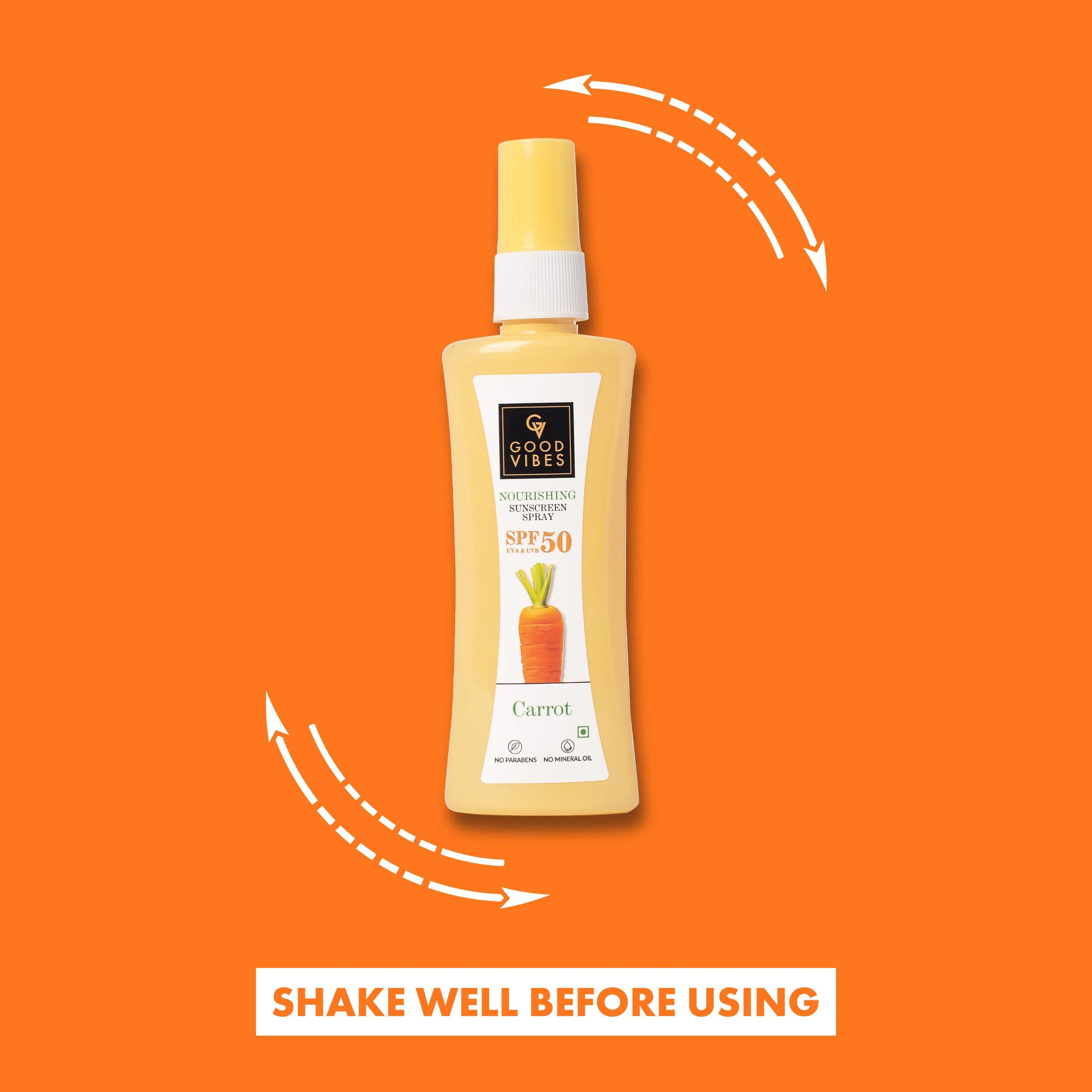 Good Vibes Carrot Nourishing Sunscreen Spray SPF 50 | Soothing, Hydrating, De-tanning | Vegan, No Parabens, No Mineral Oil, No Silicones, No Animal Testing
