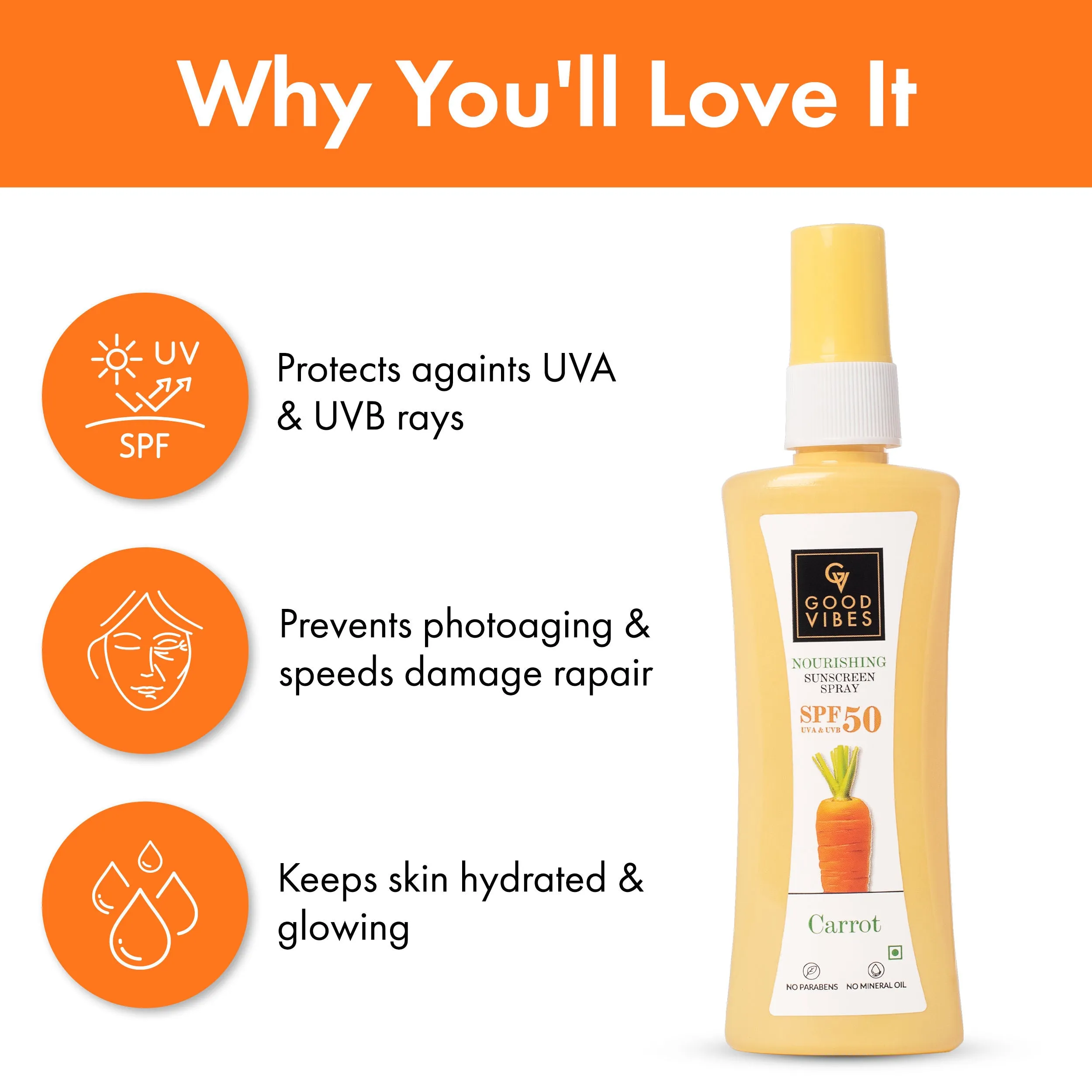 Good Vibes Carrot Nourishing Sunscreen Spray SPF 50 | Soothing, Hydrating, De-tanning | Vegan, No Parabens, No Mineral Oil, No Silicones, No Animal Testing