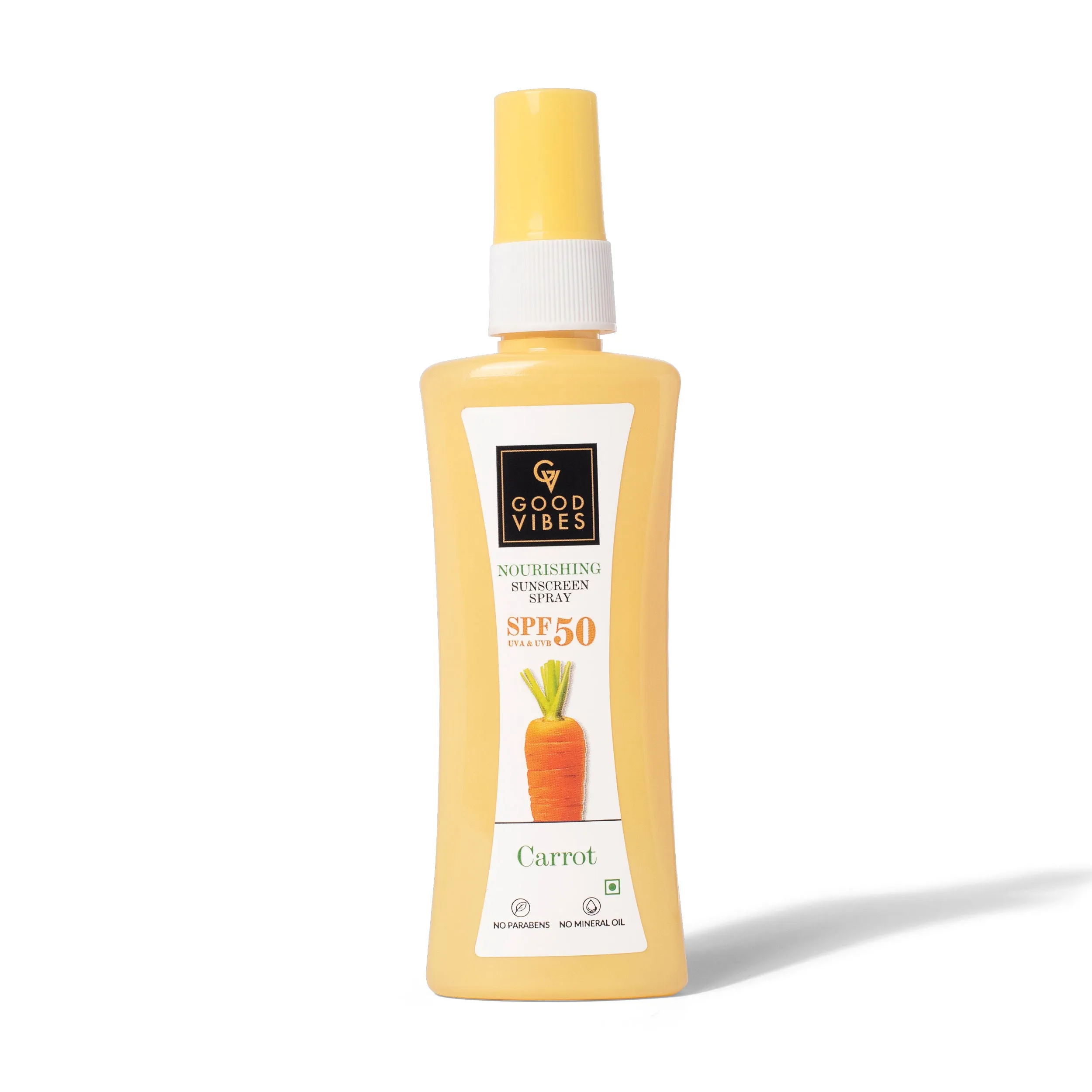 Good Vibes Carrot Nourishing Sunscreen Spray SPF 50 | Soothing, Hydrating, De-tanning | Vegan, No Parabens, No Mineral Oil, No Silicones, No Animal Testing