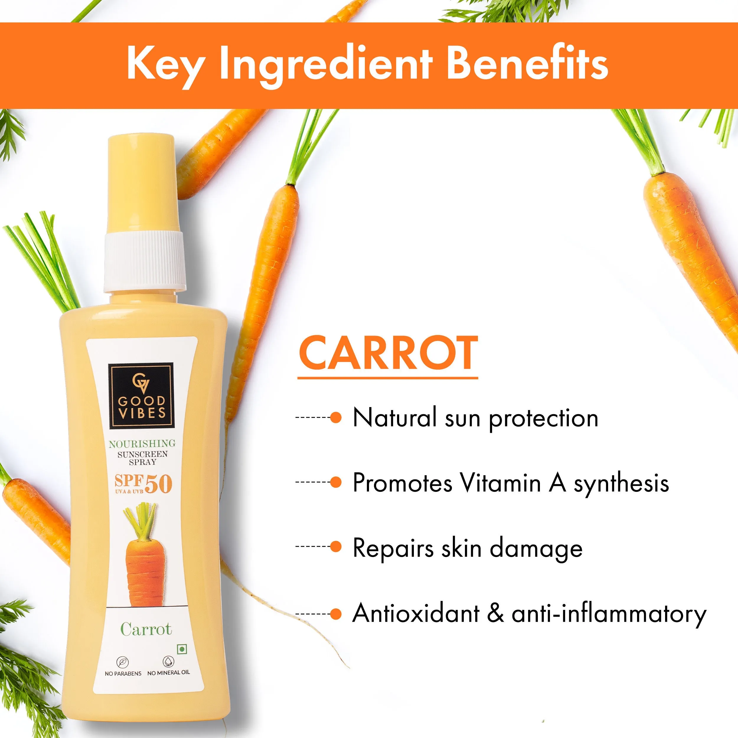 Good Vibes Carrot Nourishing Sunscreen Spray SPF 50 | Soothing, Hydrating, De-tanning | Vegan, No Parabens, No Mineral Oil, No Silicones, No Animal Testing