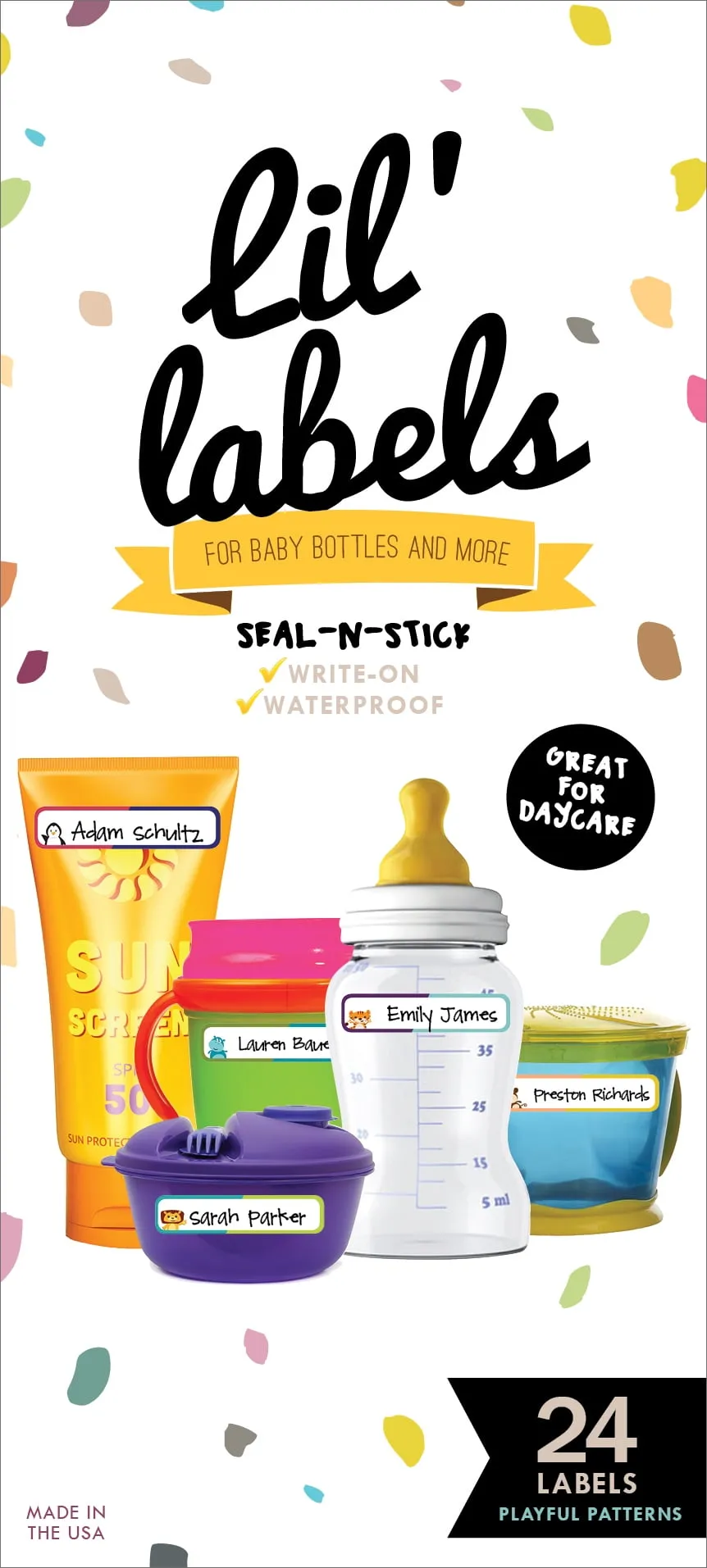Lil' Labels Waterproof Seal-n-Stick Baby Bottle Labels for Daycare, Playful Patterns