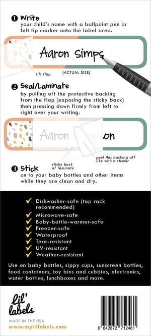 Lil' Labels Waterproof Seal-n-Stick Baby Bottle Labels for Daycare, Playful Patterns