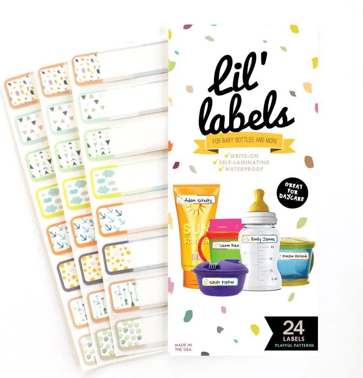 Lil' Labels Waterproof Seal-n-Stick Baby Bottle Labels for Daycare, Playful Patterns