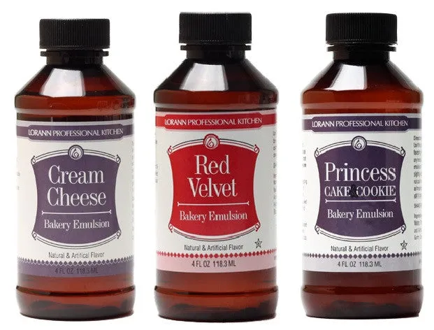 LorAnn Oils Bakery Emulsion Set of 3, Cream Cheese, Princess Cake and Cookie, Red Velvet