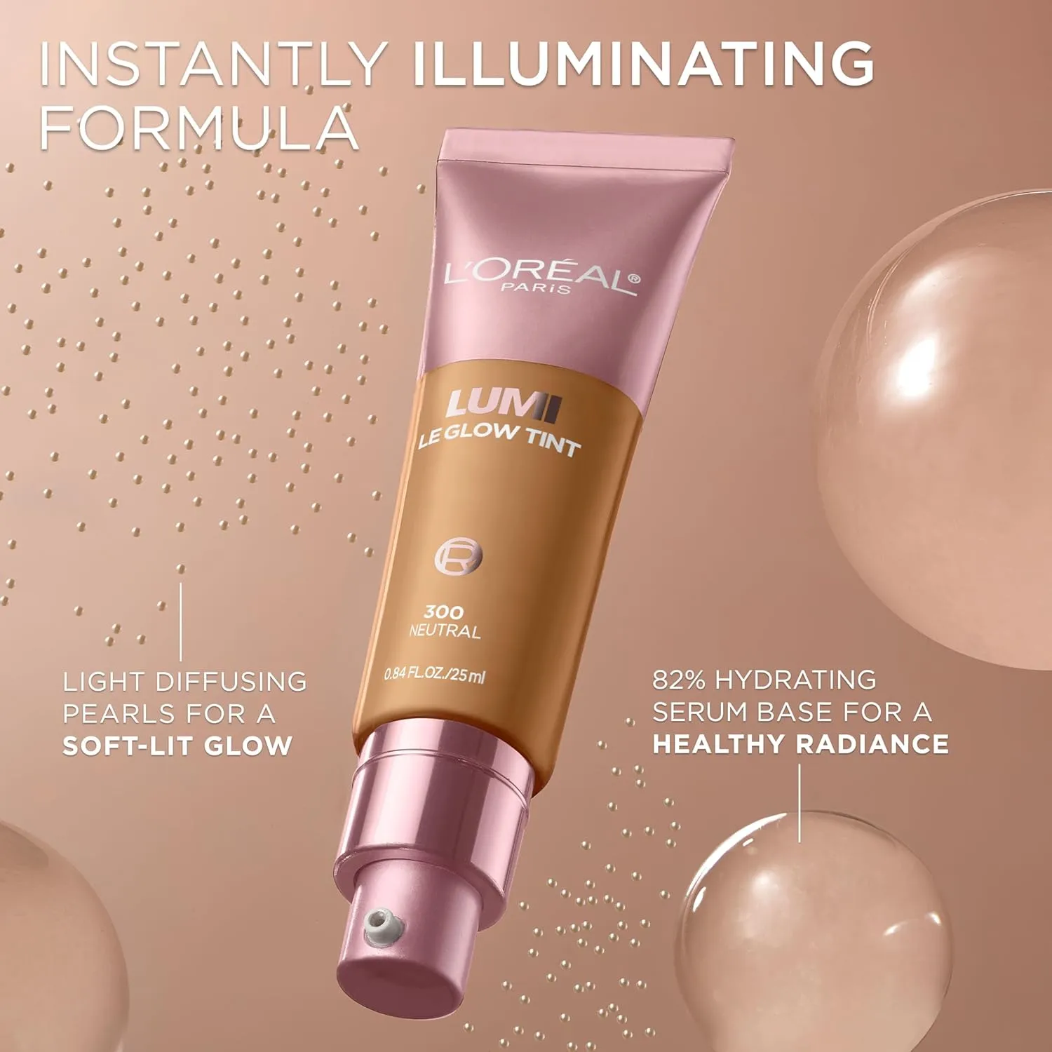 L'Oreal Paris Lumi Le Glow Skin Tint, Lightweight Water-Based Tinted Serum with Foundation-Like Coverage, Glow Illuminator, Cool 100, 0.85 Fl Oz