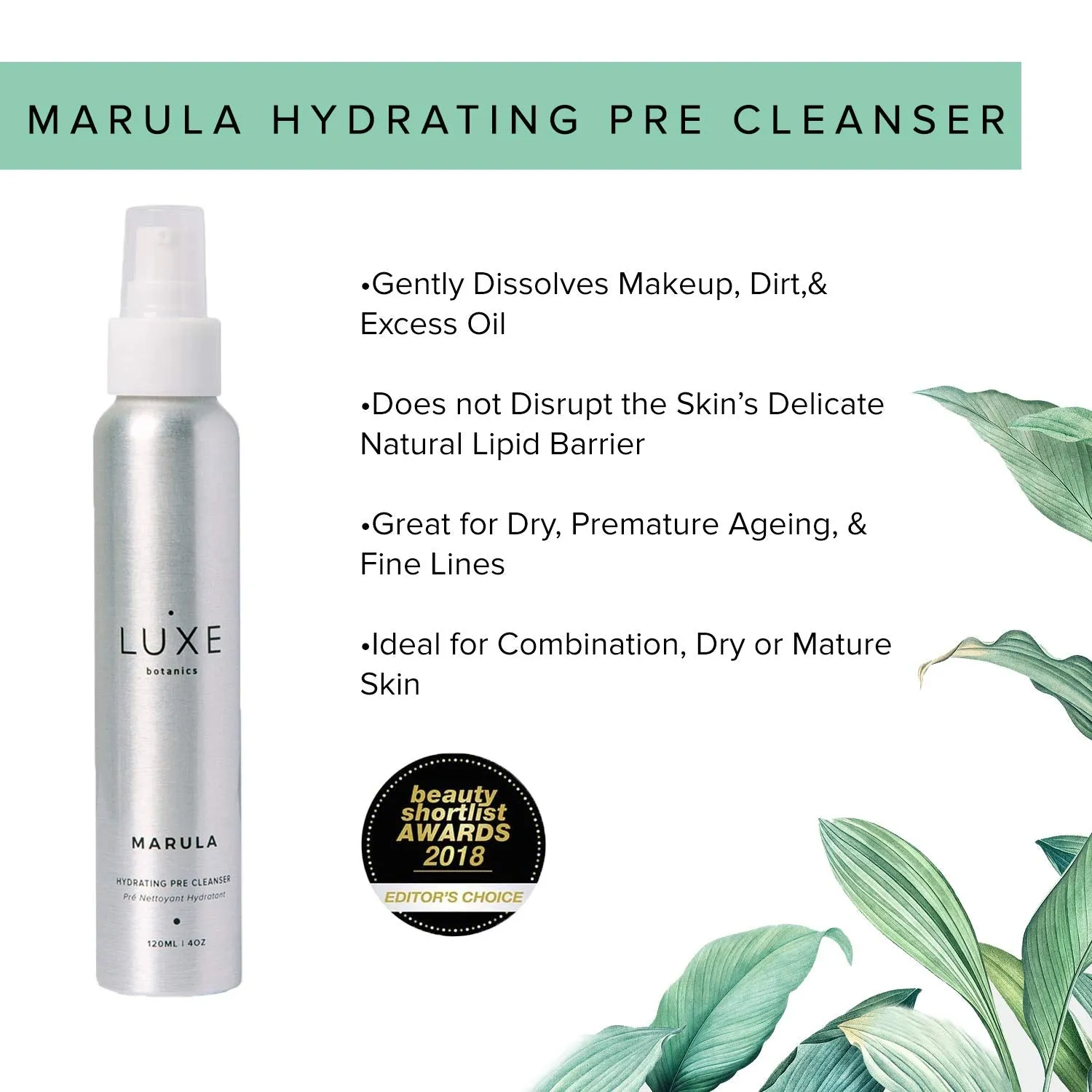 Luxe Botanics Marula Hydrating Pre Cleanser Make Up Remover - For Hydrated, Firm, Uplifted and Radiant Skin - Marula and Jojoba Oil (4oz)