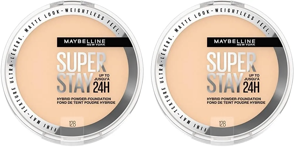 Maybelline Super Stay Up to 24HR Hybrid Powder-Foundation, Medium-to-Full Coverage Makeup, Matte Finish, 128, 1 Count (Pack of 2)
