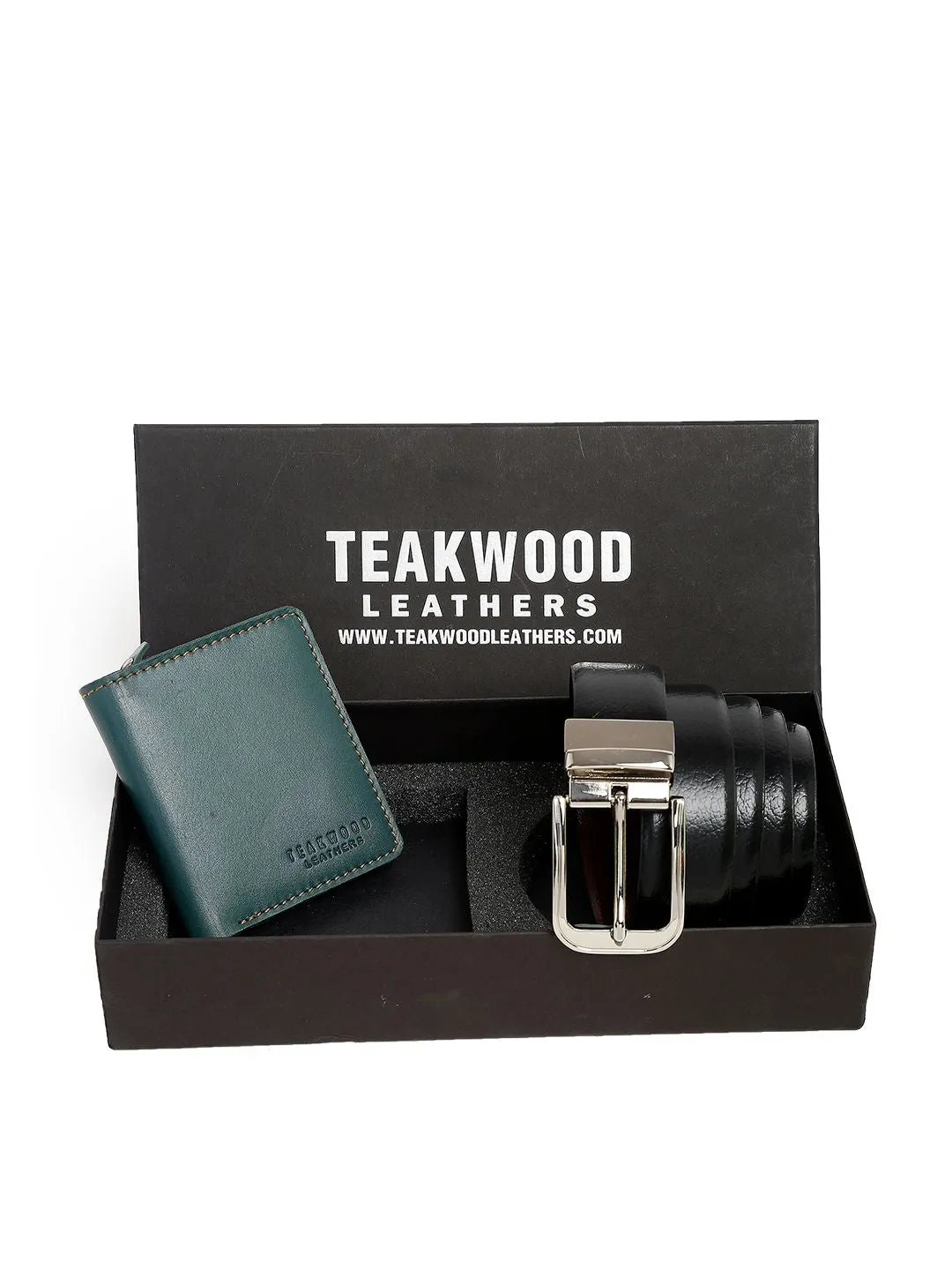Men Black & Green Genuine Leather Accessory Gift Set