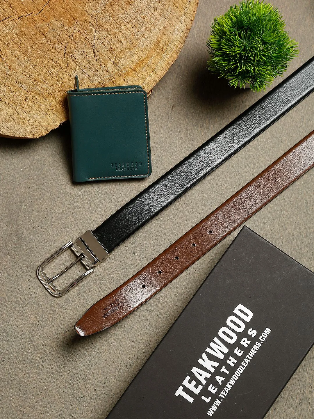 Men Black & Green Genuine Leather Accessory Gift Set