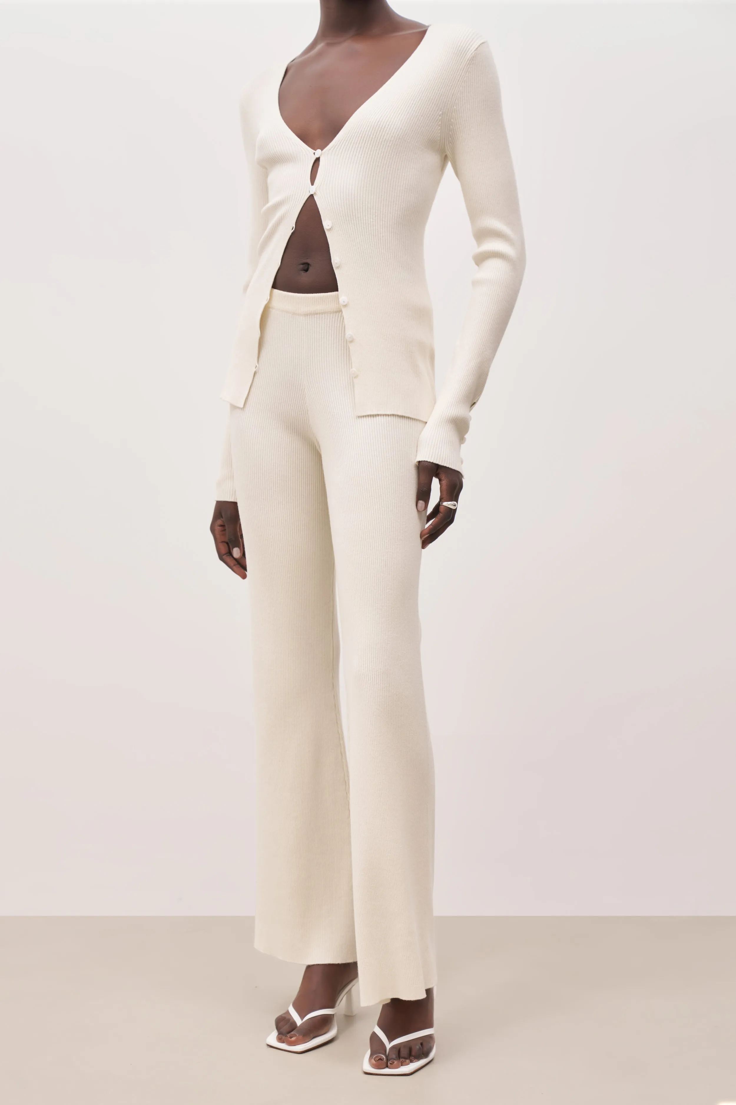 Mid Rise Ribbed Knit Trousers - Cream