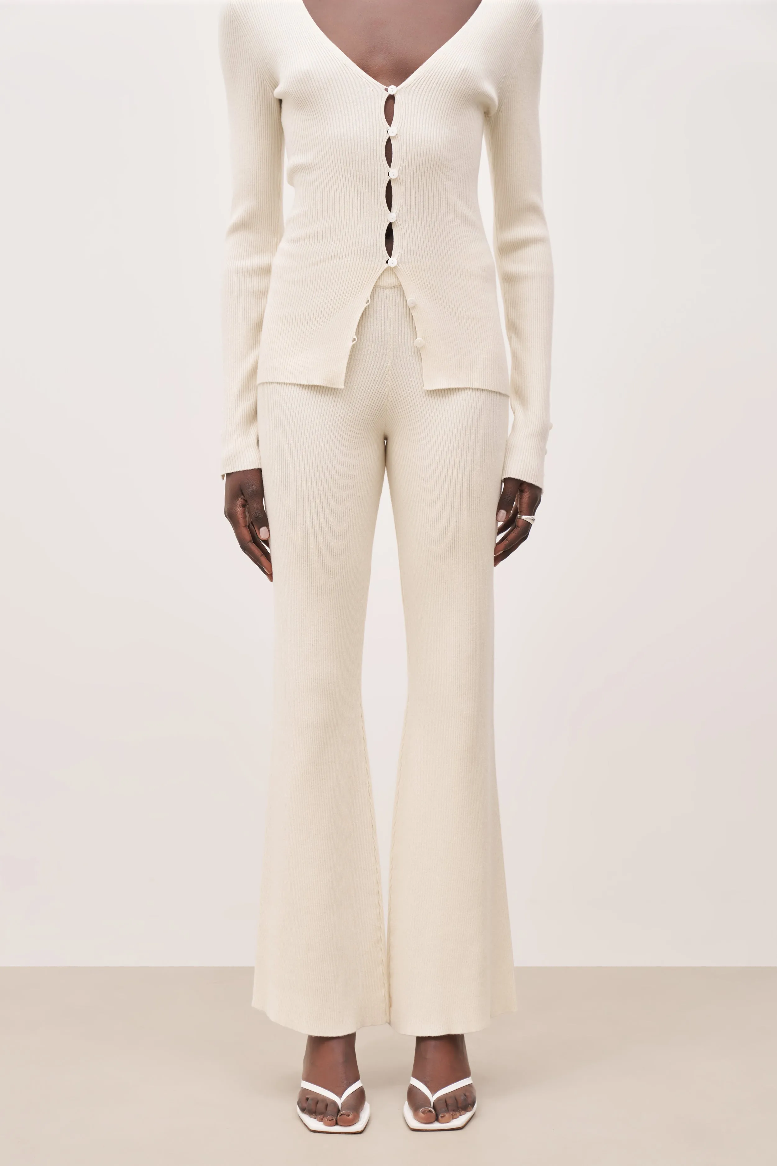 Mid Rise Ribbed Knit Trousers - Cream