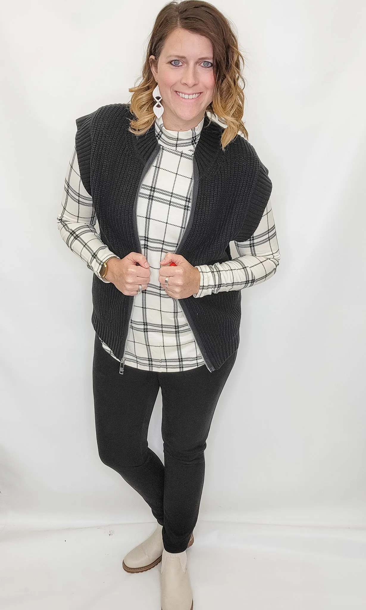 Multiples Black & Cream Plaid Layering Mock Neck