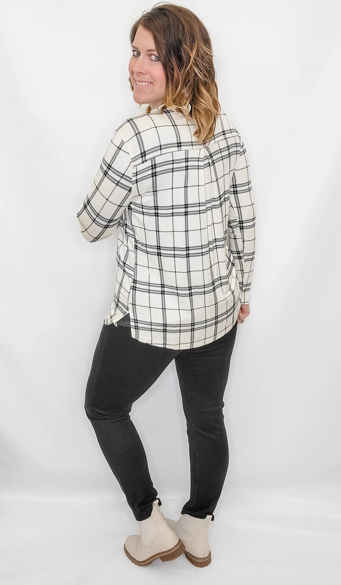 Multiples Black & Cream Plaid Layering Mock Neck