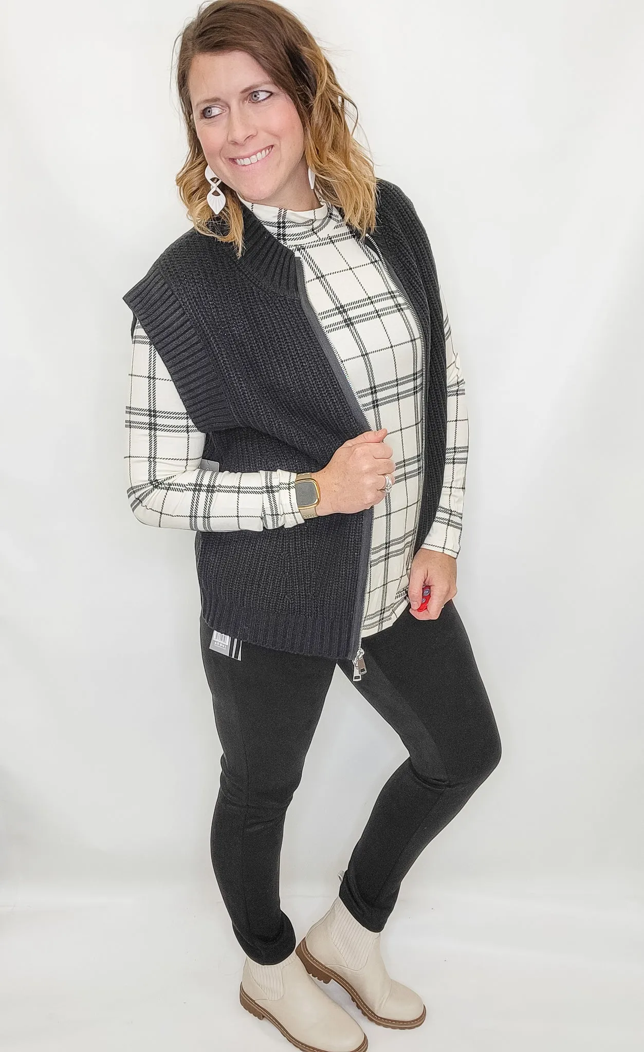 Multiples Black & Cream Plaid Layering Mock Neck