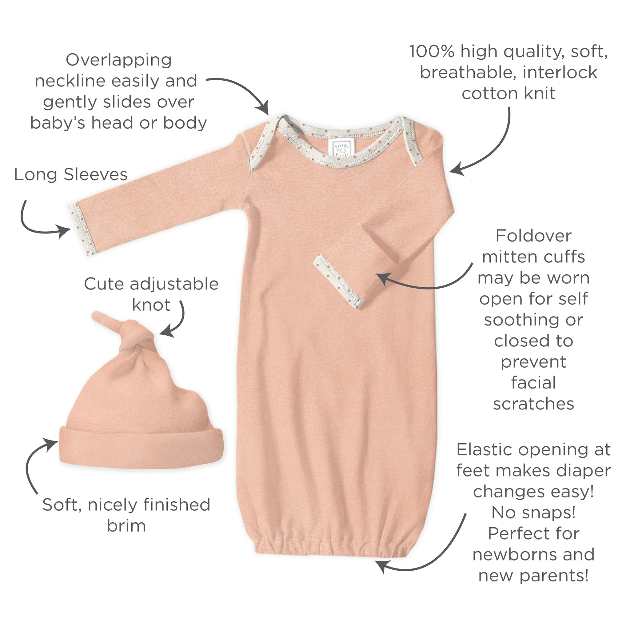 Muslin Swaddle 3-Pack, Pajama Gown and Hat Gift Set - Heathered Peach Blush, Newborn
