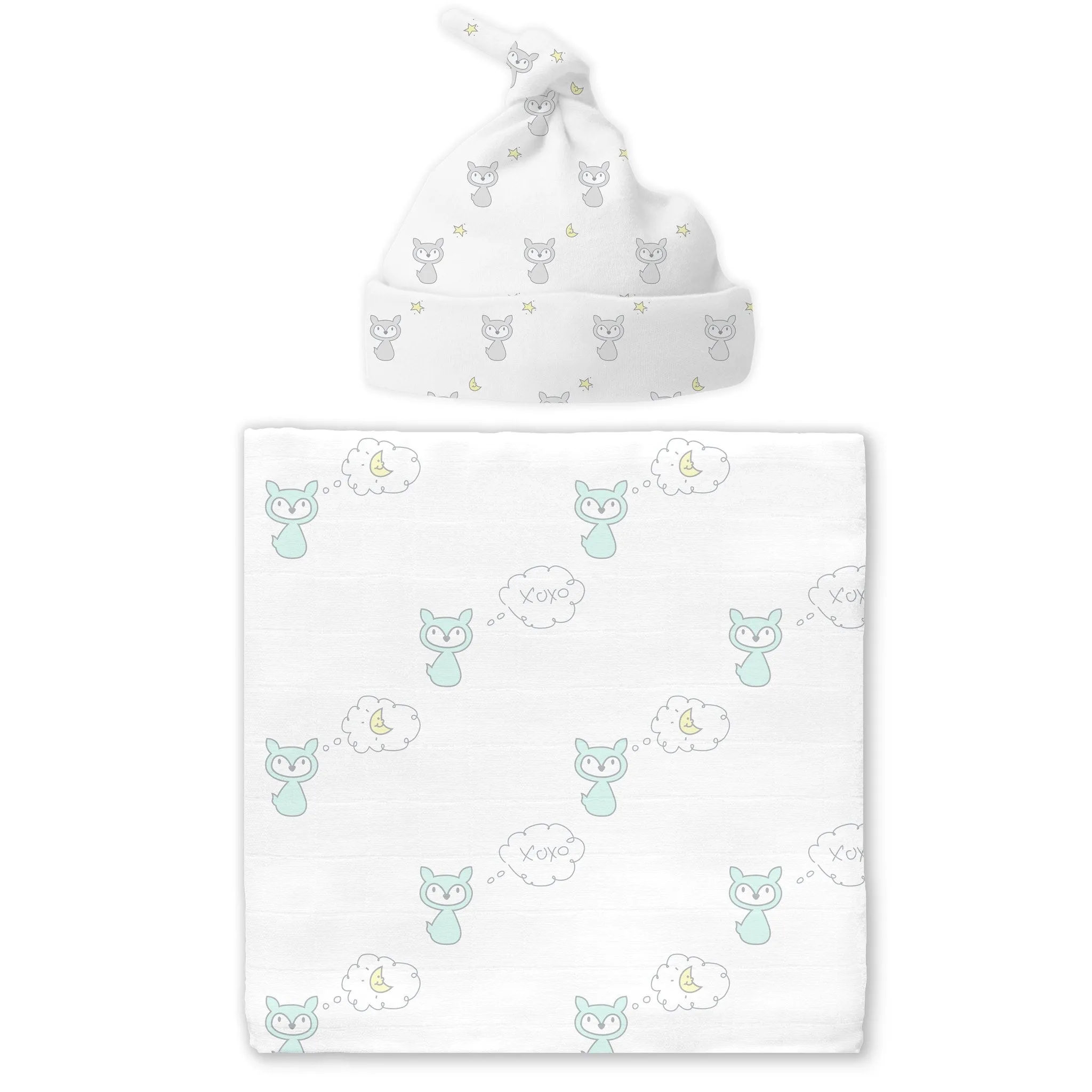 Muslin Swaddle Blanket and Hat Gift Set - Fox, Sterling, Newborn