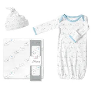 Muslin Swaddle, Pajama Gown and Hat Gift Set - Doggie, Pastel Blue, Newborn