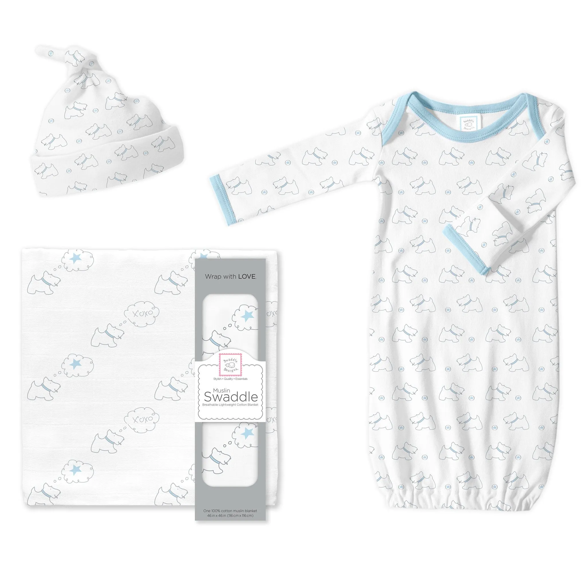 Muslin Swaddle, Pajama Gown and Hat Gift Set - Doggie, Pastel Blue, Newborn
