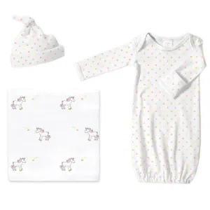 Muslin Swaddle, Pajama Gown and Hat Gift Set - Pink Tiny Triangles and Unicorns