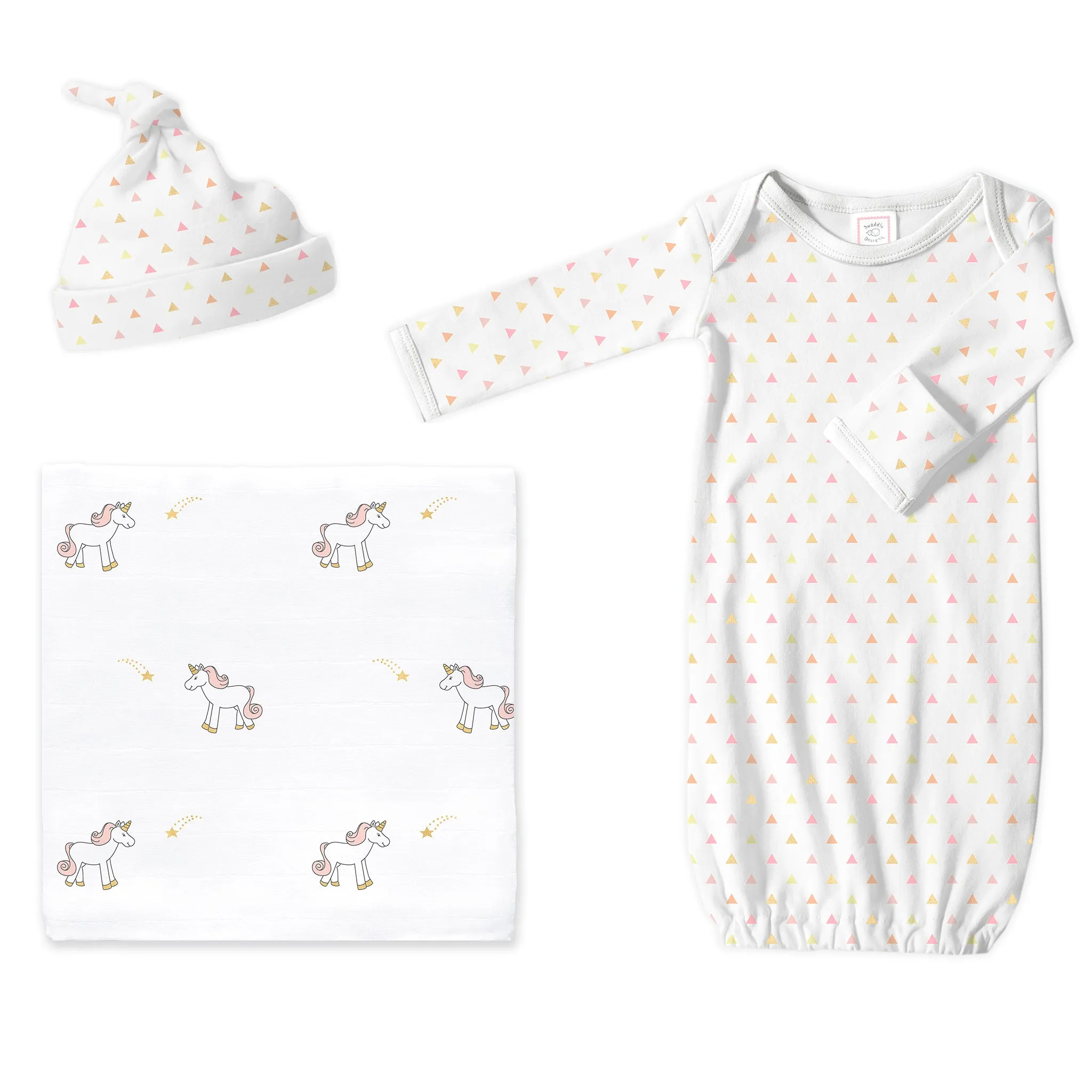 Muslin Swaddle, Pajama Gown and Hat Gift Set - Pink Tiny Triangles and Unicorns