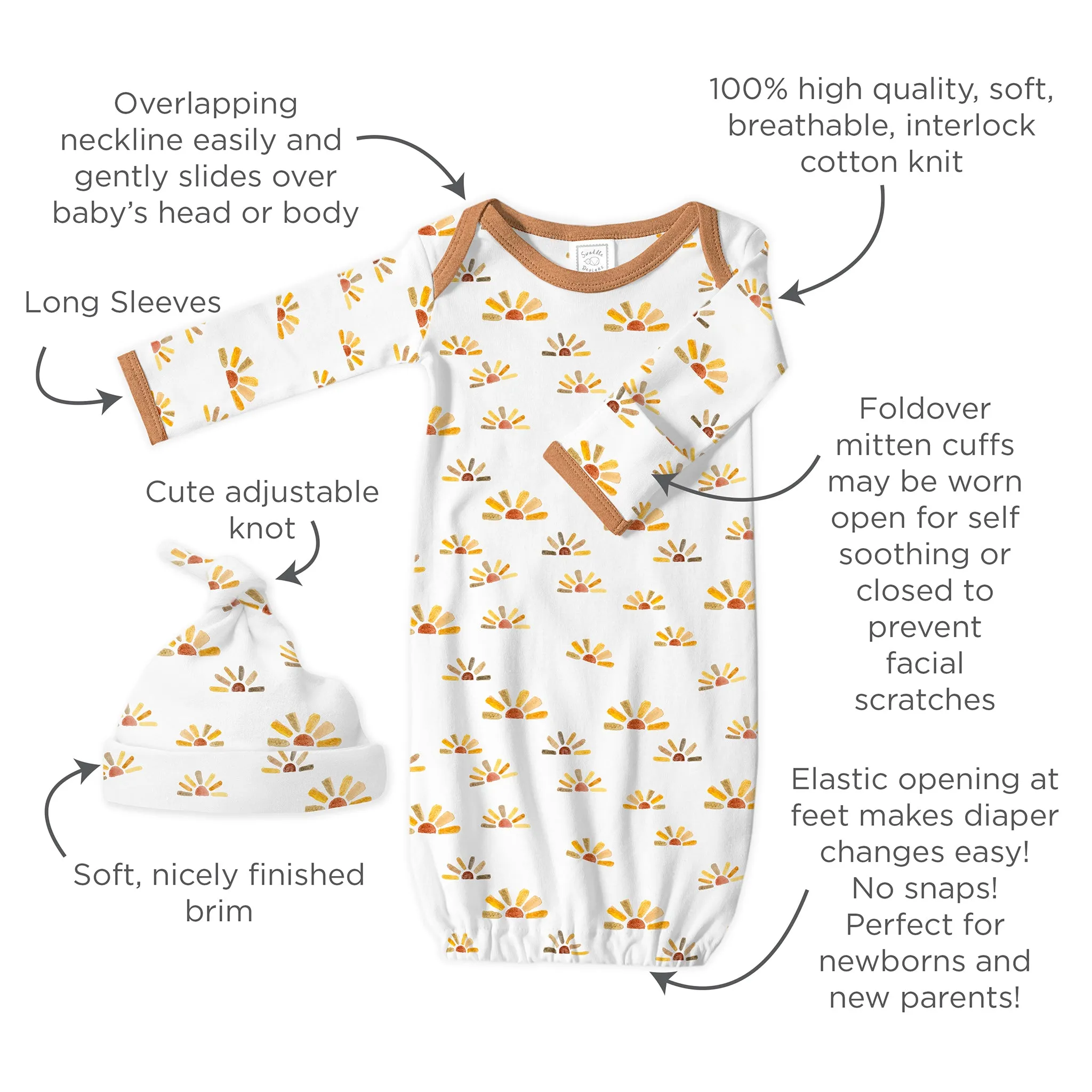 Muslin Swaddle   Pajama Gown   Hat Newborn Gift Set - Butterum Muslin Blanket & Watercolor Sunny Days Hat & Pajama Gown