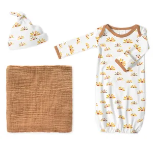 Muslin Swaddle   Pajama Gown   Hat Newborn Gift Set - Butterum Muslin Blanket & Watercolor Sunny Days Hat & Pajama Gown