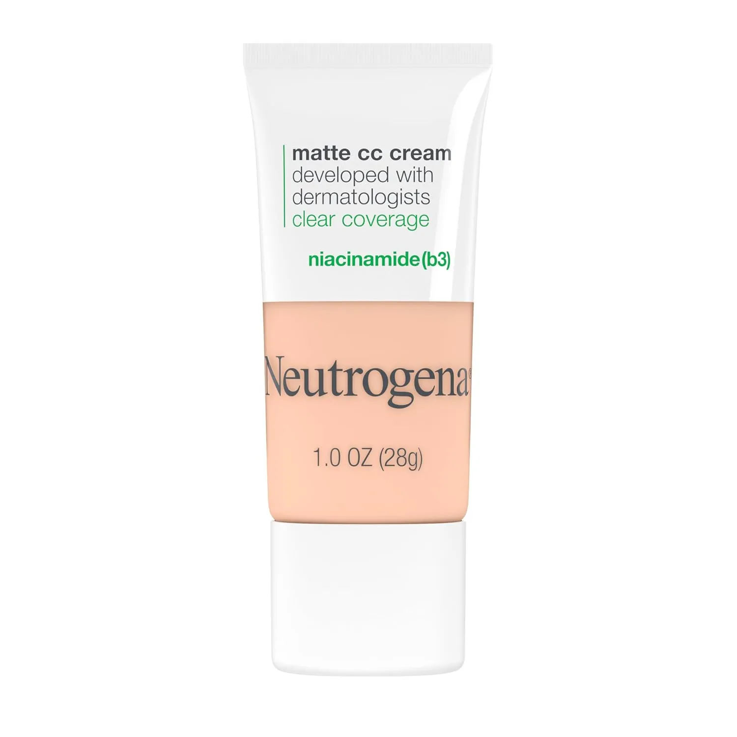 Neutrogena Clear Coverage Flawless Matte CC Cream, Full-Coverage Color Correcting Cream Face Makeup with Niacinamide (b3), Hypoallergenic, Oil Free & Fragrance Free, Shell, 1 oz