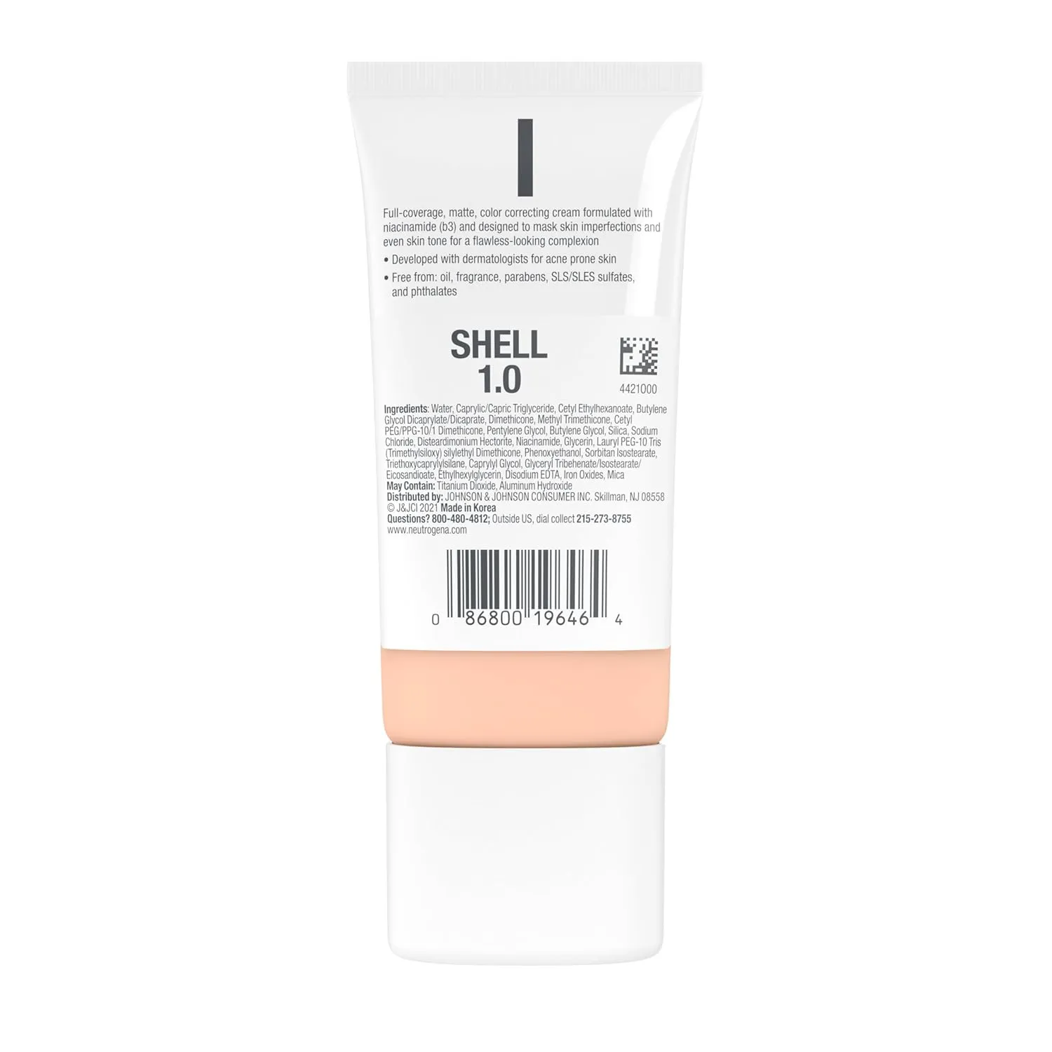 Neutrogena Clear Coverage Flawless Matte CC Cream, Full-Coverage Color Correcting Cream Face Makeup with Niacinamide (b3), Hypoallergenic, Oil Free & Fragrance Free, Shell, 1 oz