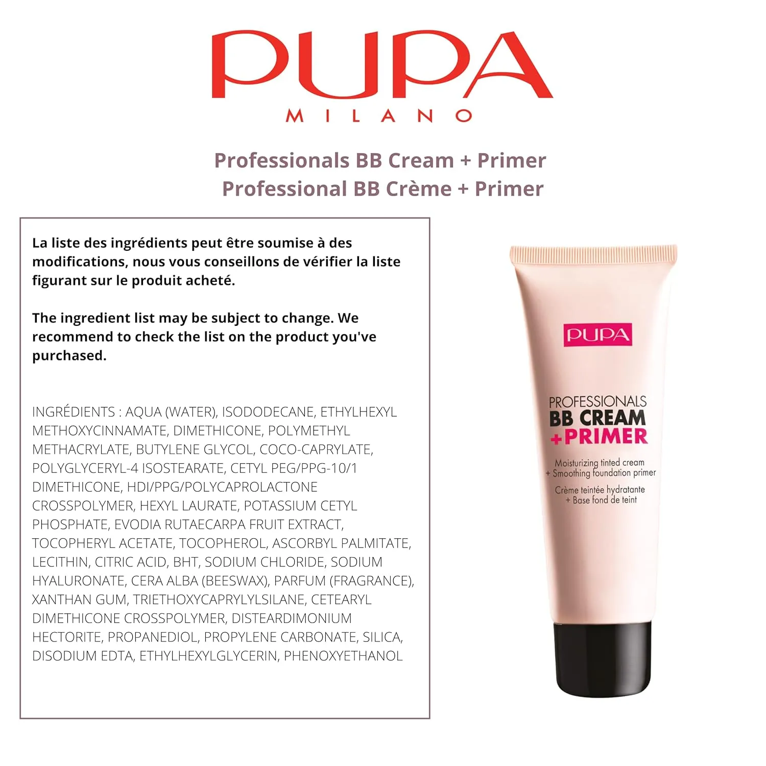 Pupa Milano Professionals BB Cream and SPF 20 Primer for Women, No. 001/Nude, 1.69 Ounce (Pack of 2)