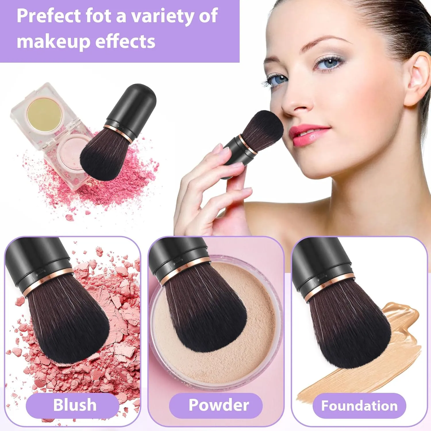Retractable Kabuki Makeup Brushes, 2 Pcs Travel Makeup Brushes Blush Brushes Cute Powder Brush Foundation Brush for Liquid Foundation Pressed Powder Contouring Cream(Black White)