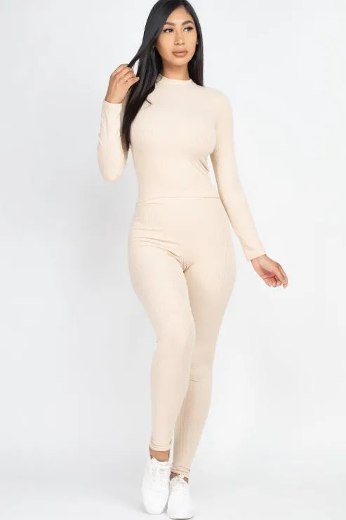 Ribbed Mock Neck Long Sleeve Top & Leggings Set (capella)