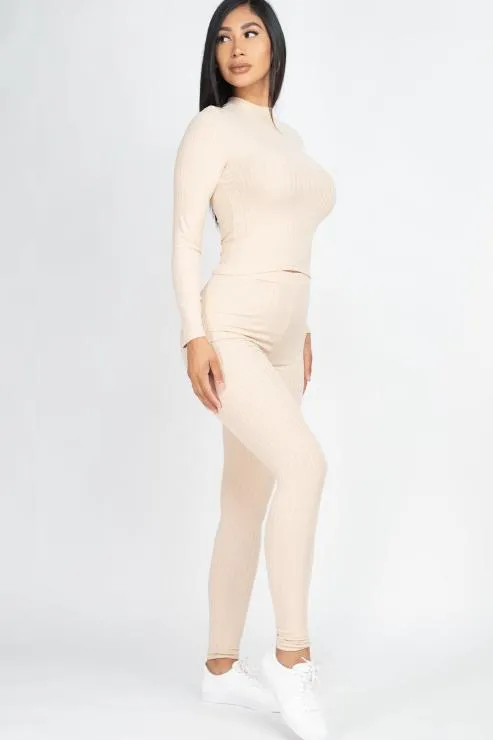 Ribbed Mock Neck Long Sleeve Top & Leggings Set (capella)
