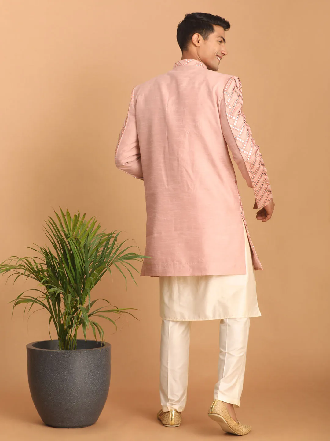 SHRESTHA By VASTRAMAY Men's Pink Mirror Indo Western Sherwani with Kurta Pyjama Set