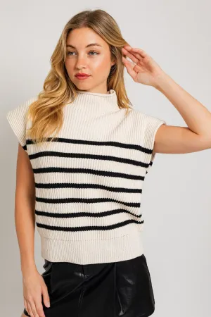 Turtle Neck Stripe Sweater Vest in Cream and Black