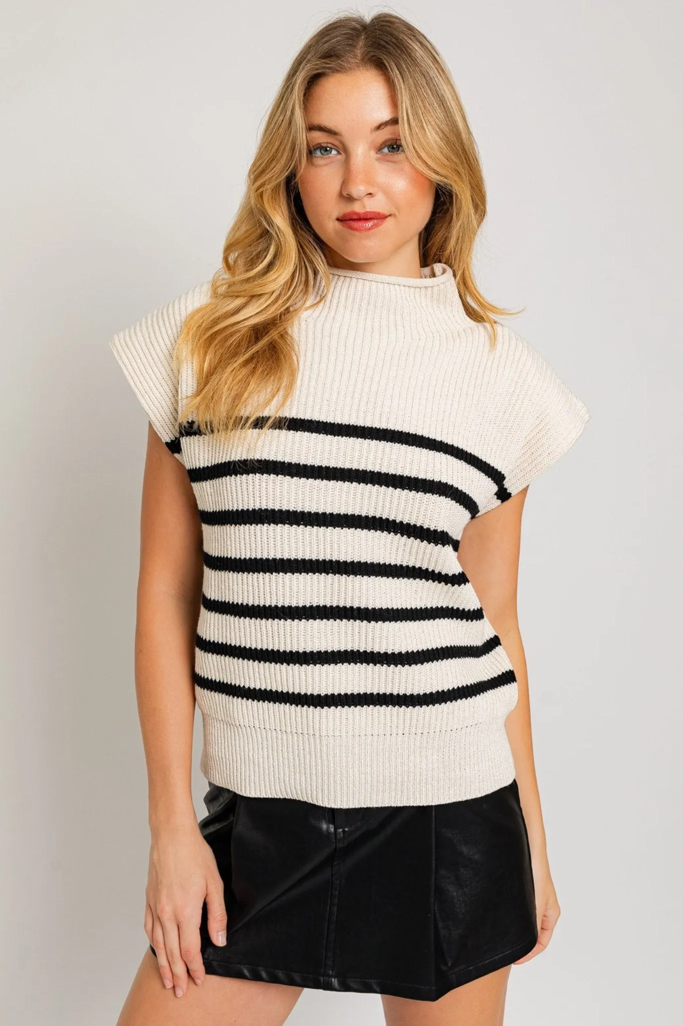 Turtle Neck Stripe Sweater Vest in Cream and Black