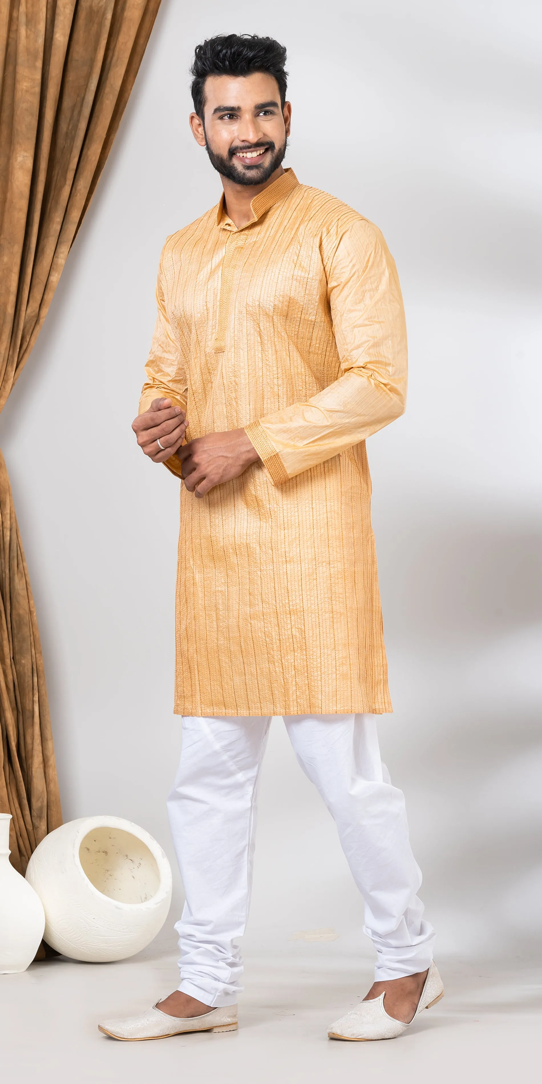 Tussar Silk Kurta with Golden and Cream Stripes- M