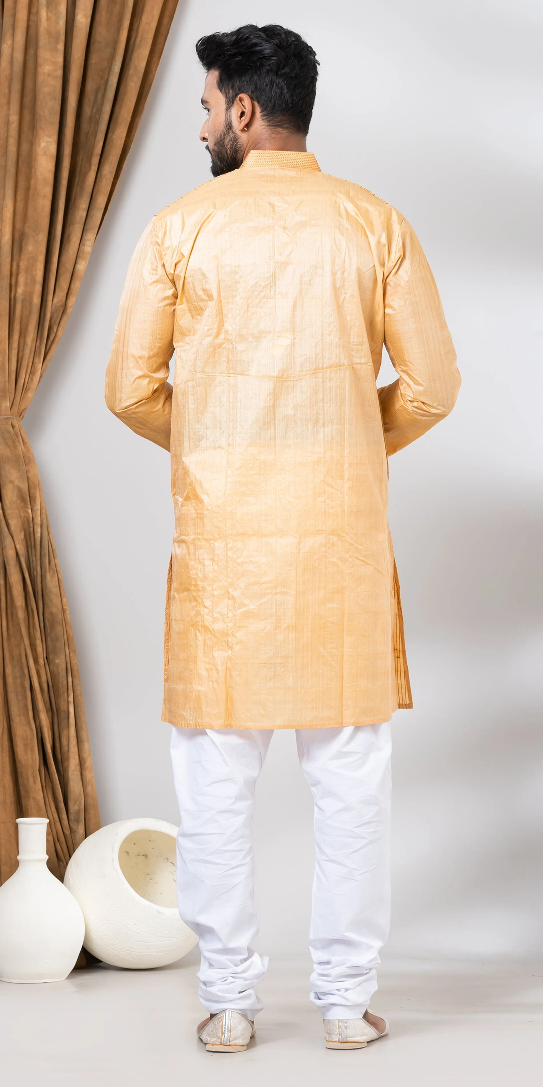 Tussar Silk Kurta with Golden and Cream Stripes- M