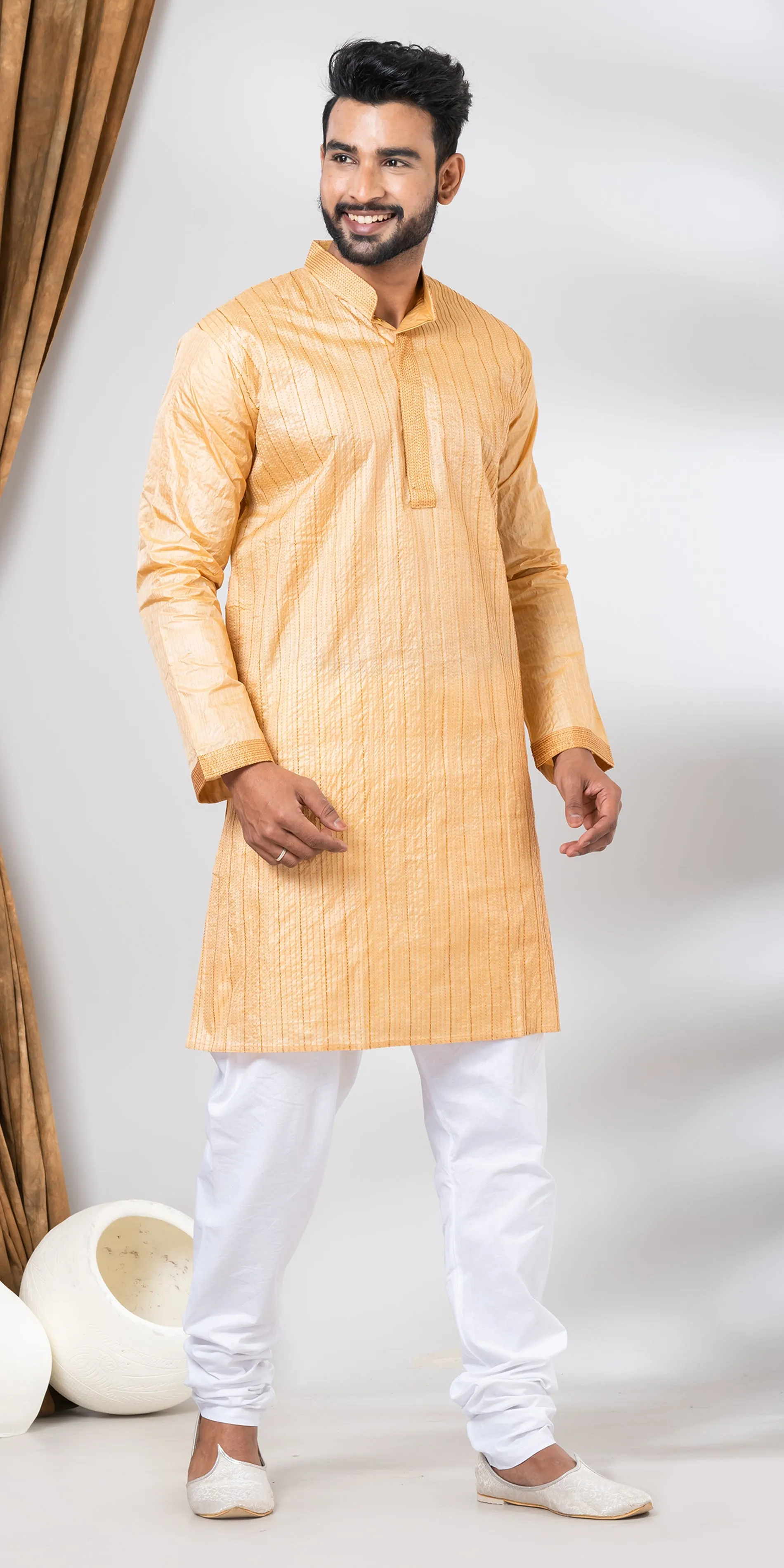 Tussar Silk Kurta with Golden and Cream Stripes- M