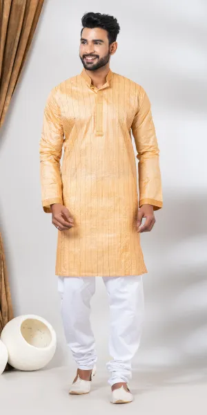 Tussar Silk Kurta with Golden and Cream Stripes- M