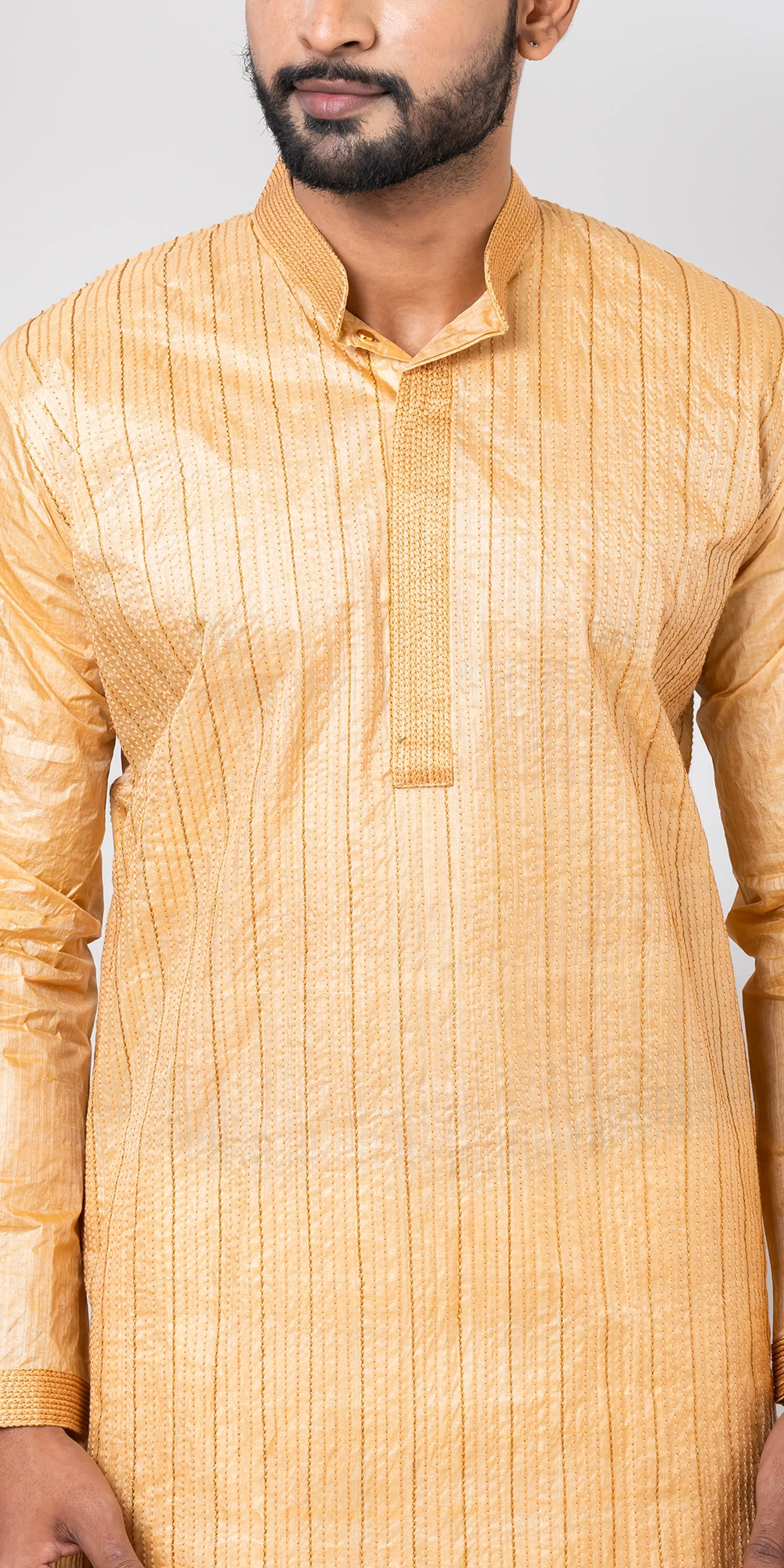 Tussar Silk Kurta with Golden and Cream Stripes- M