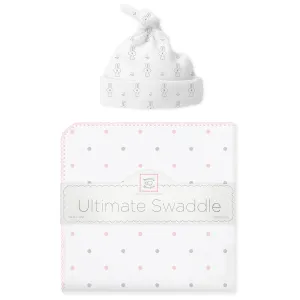Ultimate Swaddle and Hat Newborn Gift Set - Bunnie and Little Dots, Pastel Pink