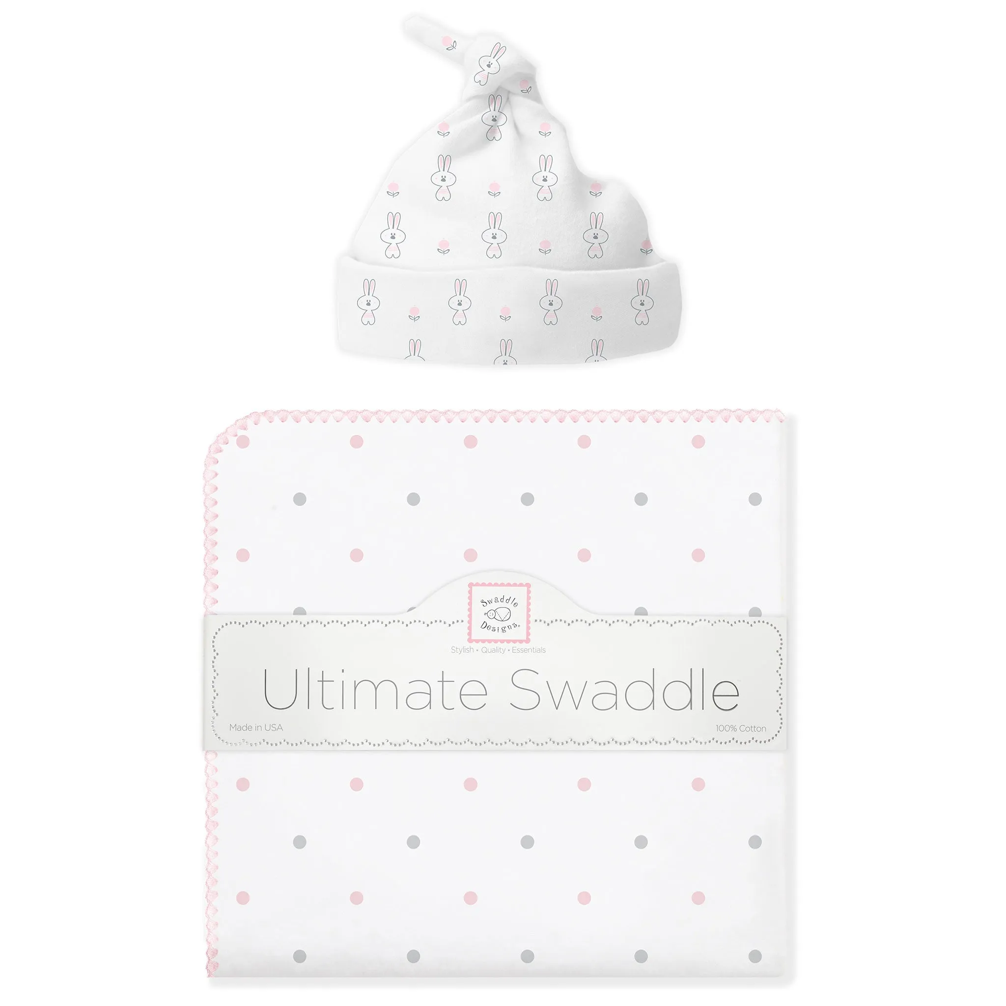 Ultimate Swaddle and Hat Newborn Gift Set - Bunnie and Little Dots, Pastel Pink