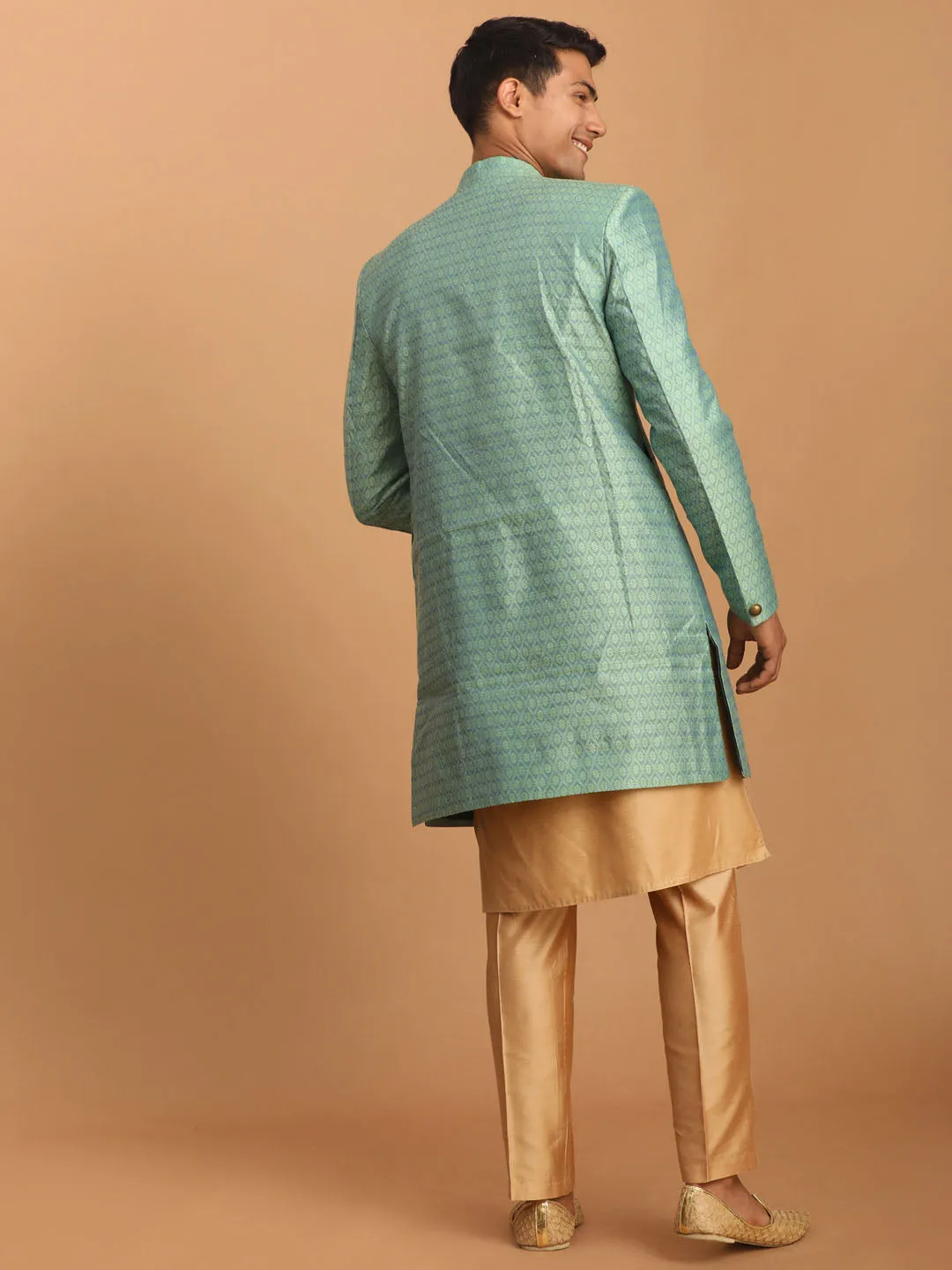 VASTRAMAY Green Silk Blend Sherwani Set
