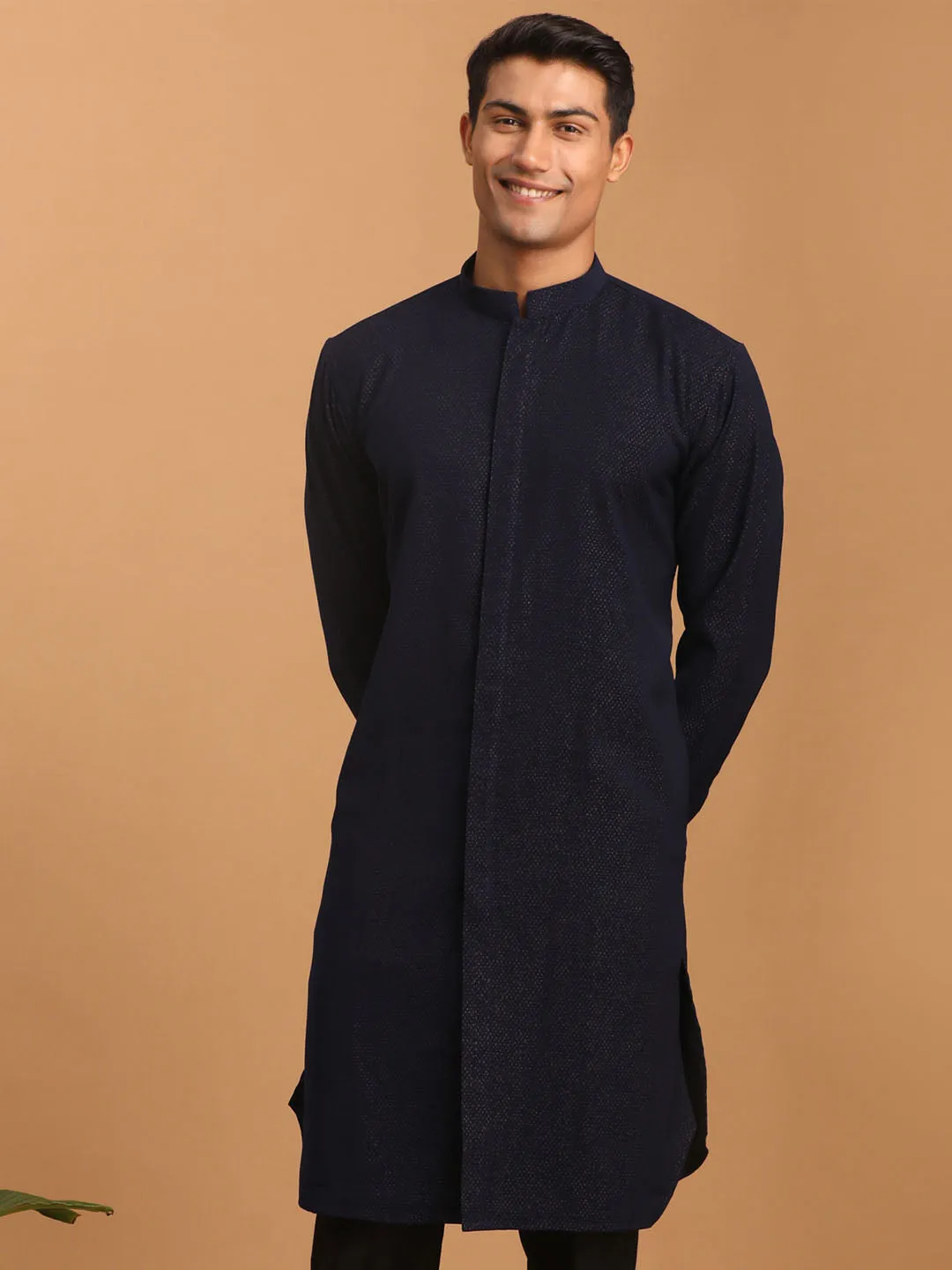 VASTRAMAY Navy Blue Glitter Printed Kurta