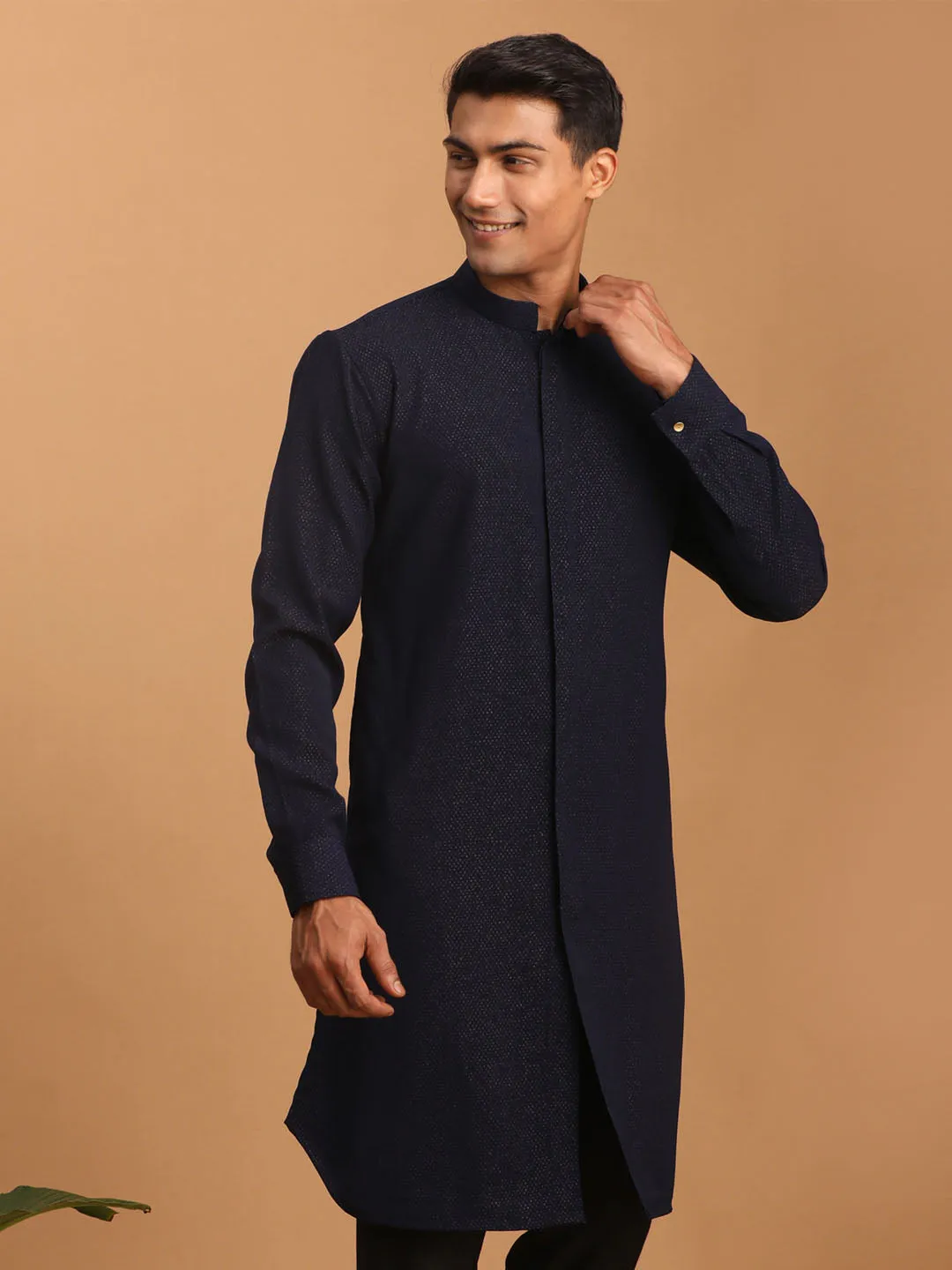 VASTRAMAY Navy Blue Glitter Printed Kurta