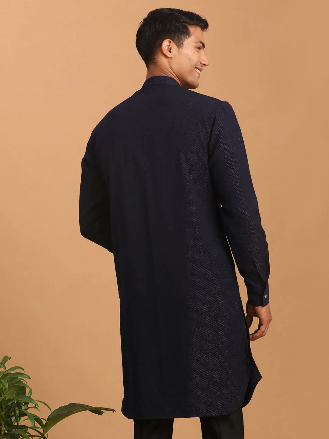 VASTRAMAY Navy Blue Glitter Printed Kurta