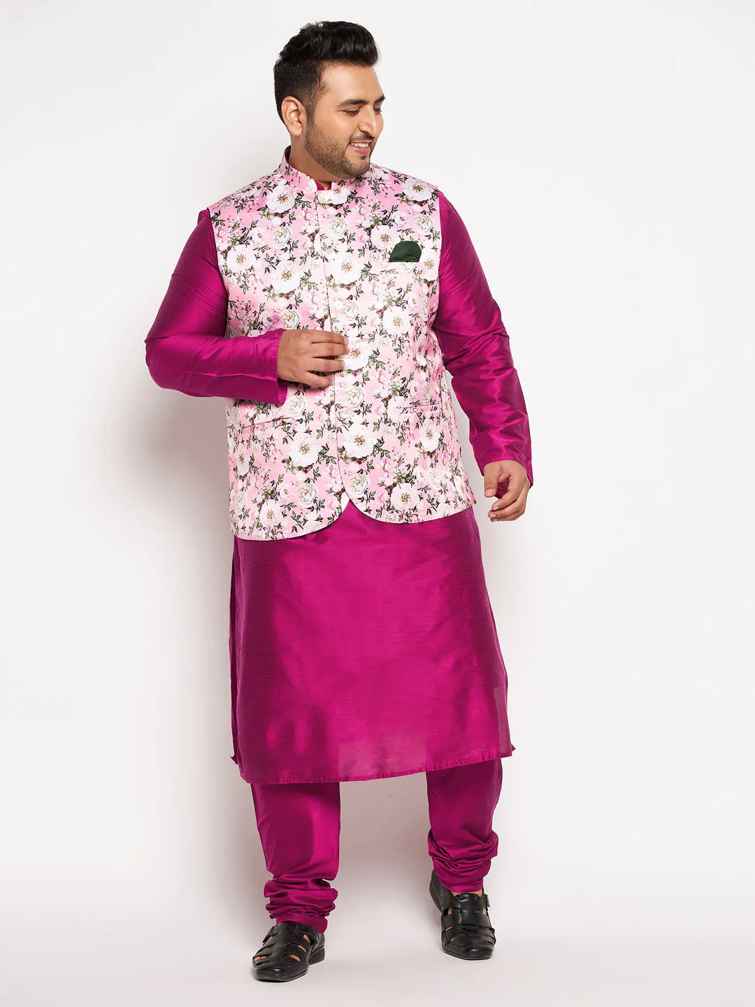 VASTRAMAY Pink Floral Jacket & Kurta Set