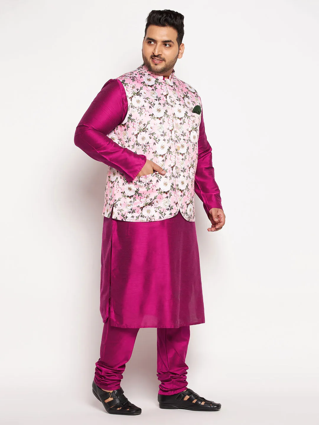 VASTRAMAY Pink Floral Jacket & Kurta Set
