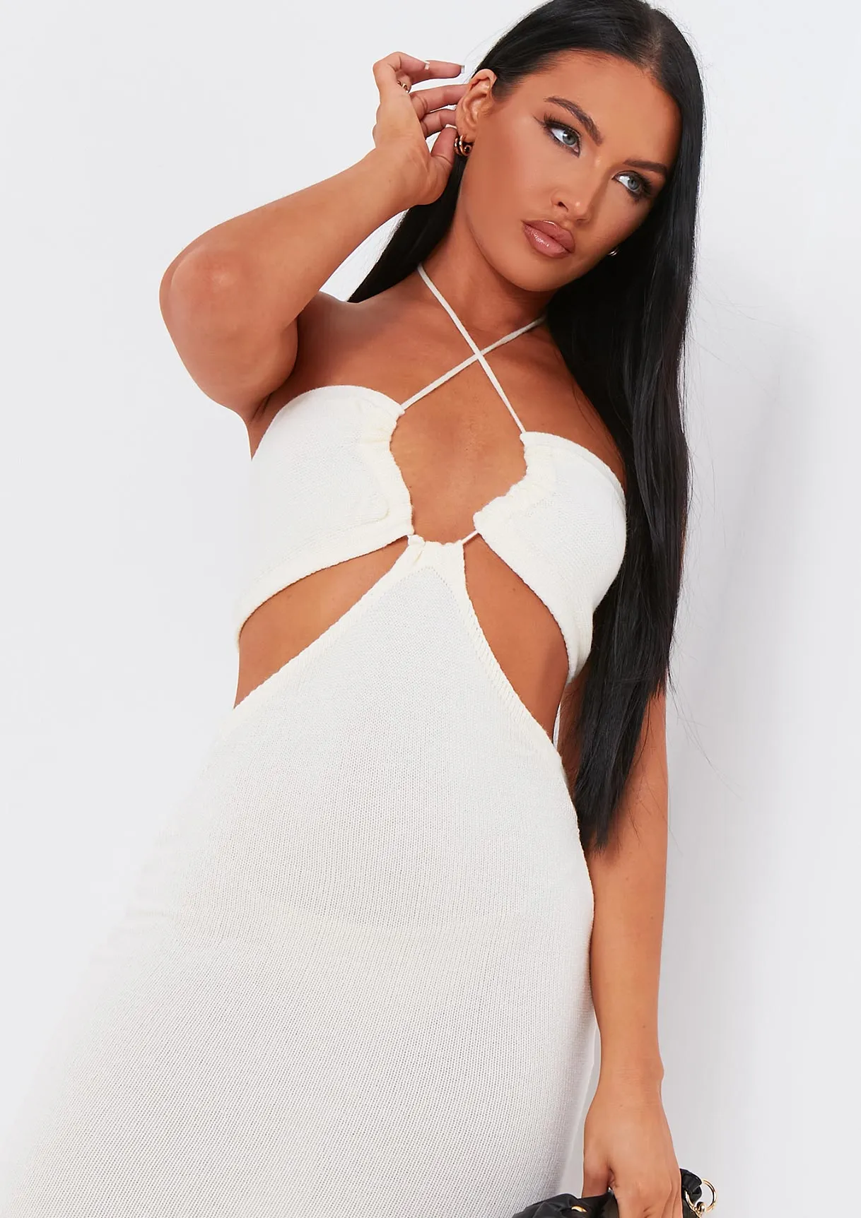 Verity Cream Knitted Cut Out Halter Neck Dress